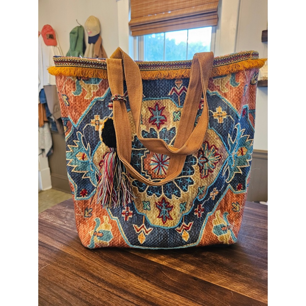 A&P Denim Bohemian Southwestern oversized Bag Tote Fringed Embroidered bishop